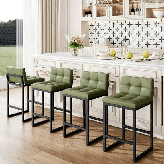 FIRAVOE Bar Stools with Back Sets of 4 (Thickened Frame) (26") Counter Height Bar Stools Upholstered Modern Bar Chairs for Kitchen Island, Green