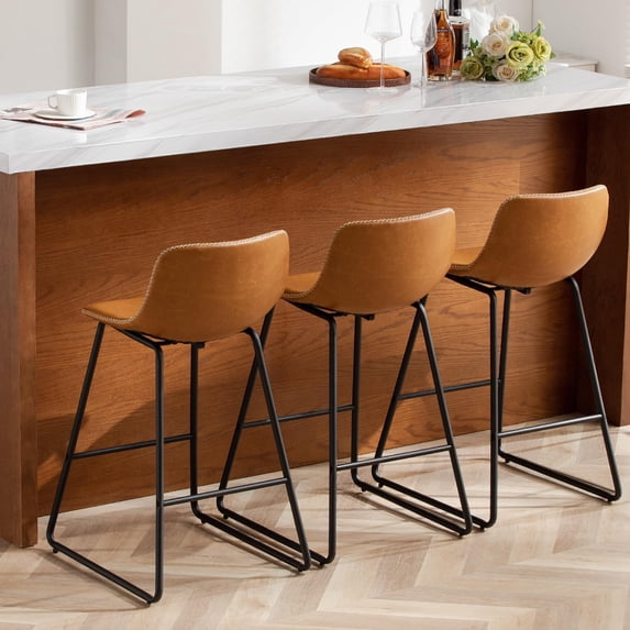 FIRAVOE Counter Height Bar Stools Set of 3, Faux Leather Whiskey Brown Barstools Chairs for Kitchen Island