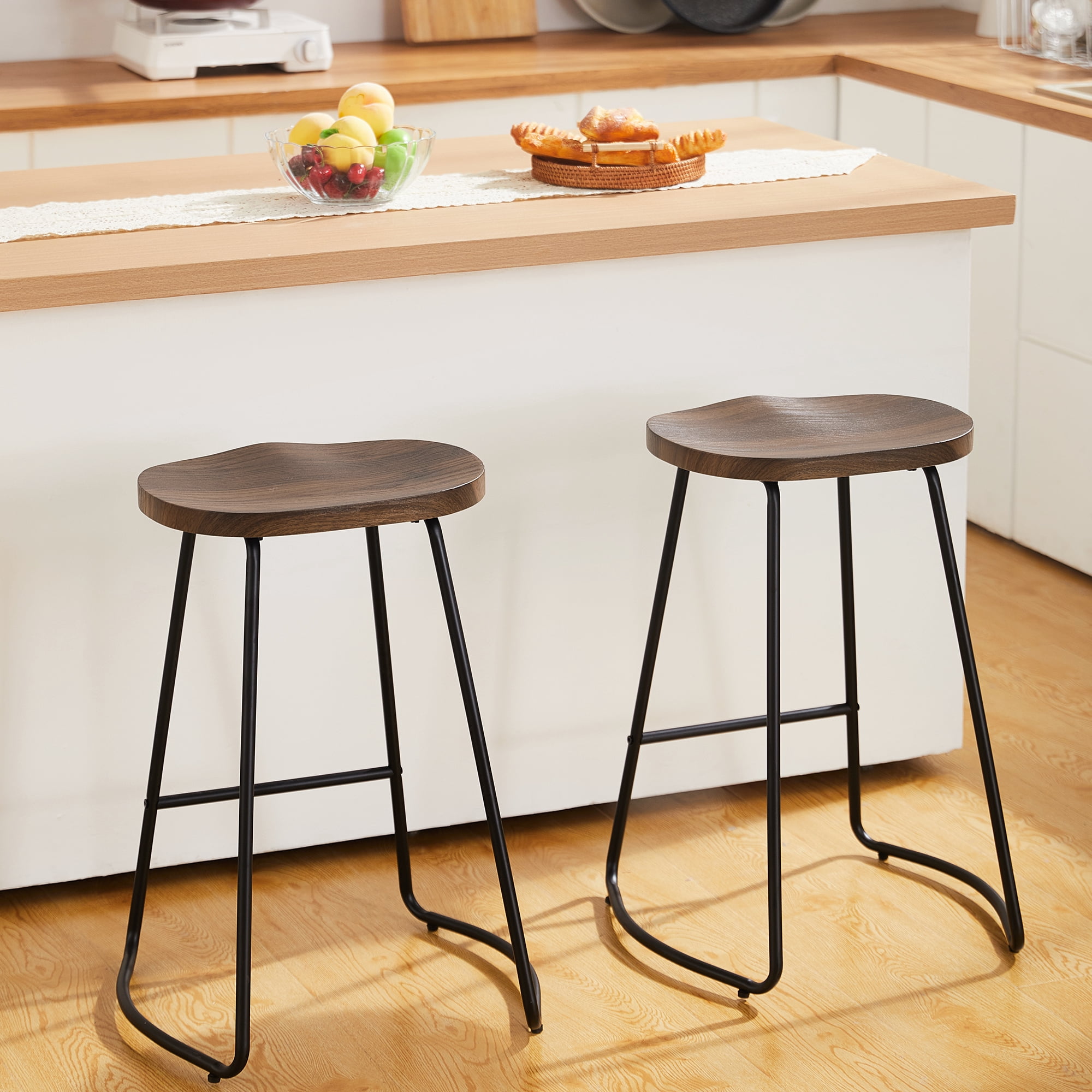 FIRAVOE Counter Height Bar Stools (Saddle Seat Backless) Barstools Set of 2, 26" Rustic Wooden Counter Stools Kitchen Stools