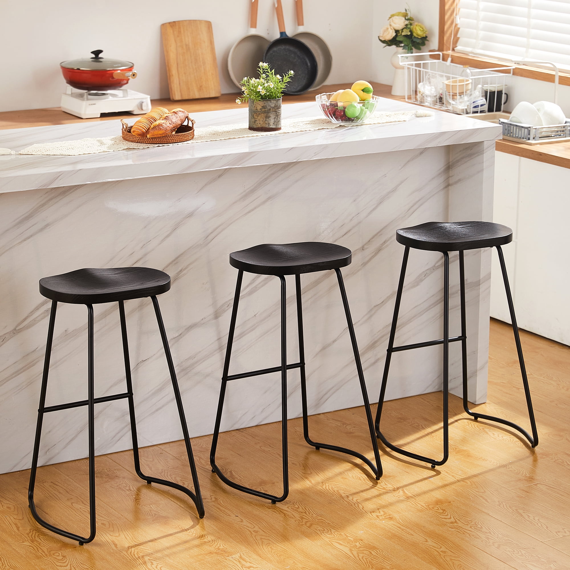 FIRAVOE Barstools Counter Stools Set of 3 (Wood Saddle Seat) Bar Height Stools Backless Black Bar Stools for Kitchen Island