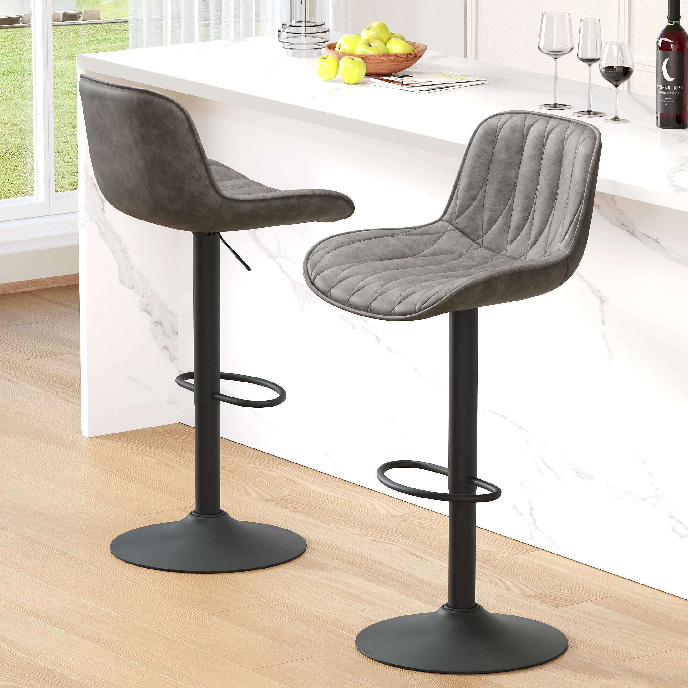 FIRAVOE Swivel Bar Stools Set of 2 (Adjustable Height 25"-33") Counter Height Bar Stools with Back, Modern Faux Leather Barstools for Kitchen Island, Gray