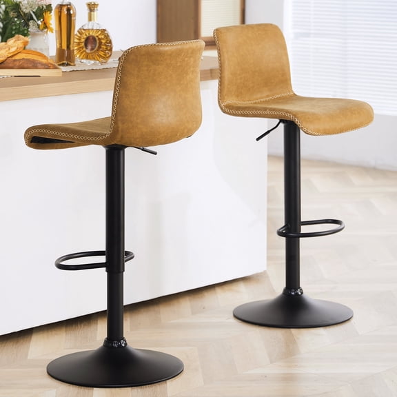 FIRAVOE Bar Stools with Back Set of 2, Swivel Counter Height Bar Stools (24"-32" Adjustable Height) Barstools with Footrest, Whiskey Brown Faux Leather Bar Chairs for Kitchen Island
