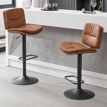 FIRAVOE Bar Stools with Back Sets of 2 (Double-Layer Upholstered) Adjustable Swivel Counter Height Bar Stools, Modern PU Leather Bar Chair for Kitchen Island, Brown