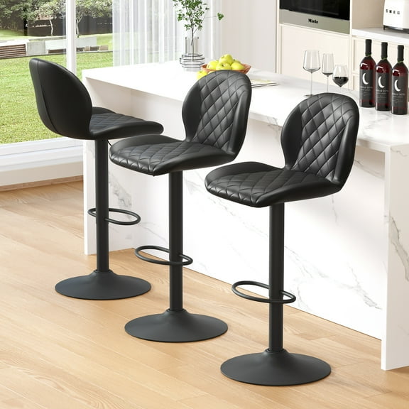 FIRAVOE Swivel Bar Stools Set of 3, Adjustable Barstools with Back (24"-33") Faux Leather Upholstered Counter Height Bar Stools for Kitchen Island, Black
