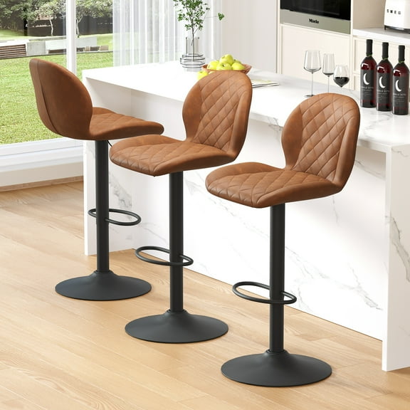 FIRAVOE Swivel Bar Stools Set of 3, Adjustable Barstools with Back (24"-33") Faux Leather Upholstered Counter Height Bar Stools for Kitchen Island, Brown