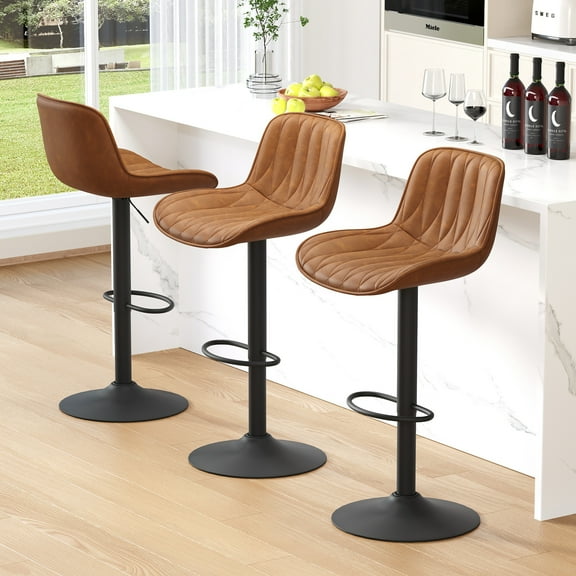 FIRAVOE Swivel Bar Stools Set of 3 (Adjustable Height 25"-33") Counter Height Bar Stools with Back, Modern Faux Leather Barstools for Kitchen Island, Brown