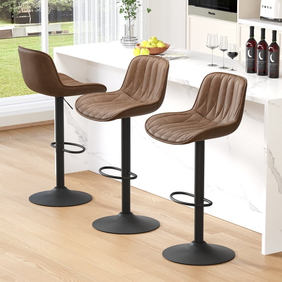 FIRAVOE Swivel Bar Stools Set of 3 (Adjustable Height 25"-33") Counter Height Bar Stools with Back, Modern Faux Leather Barstools for Kitchen Island, Tan