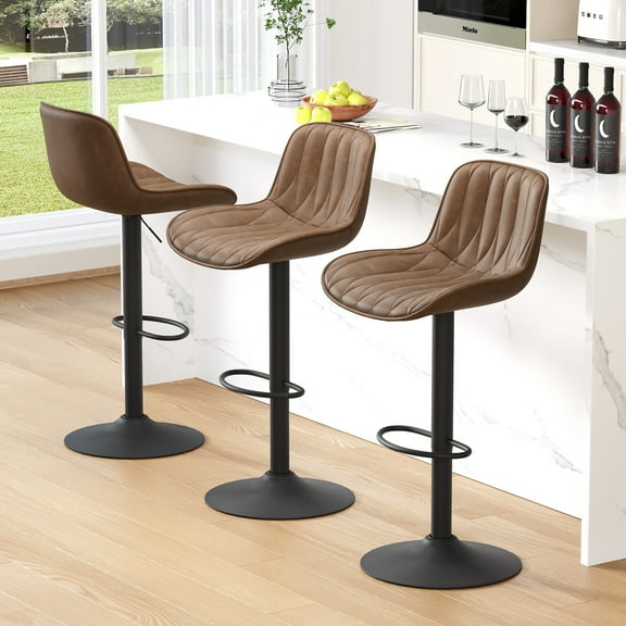 FIRAVOE Swivel Bar Stools Set of 3 (Adjustable Height 25"-33") Counter Height Bar Stools with Back, Modern Faux Leather Barstools for Kitchen Island, Tan