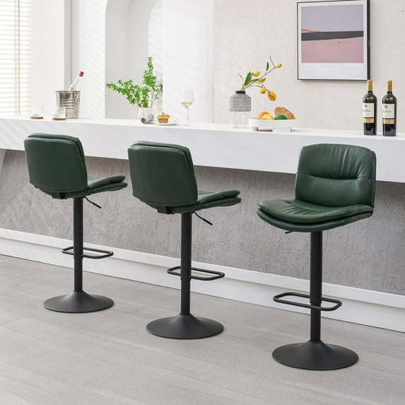 FIRAVOE Swivel Bar Stools Set of 3, Double-Layer Upholstered Swivel Bar Stools (Adjustable Height 24"-32"), PU Leather Modern Barstools with Back for Kitchen Island, Green