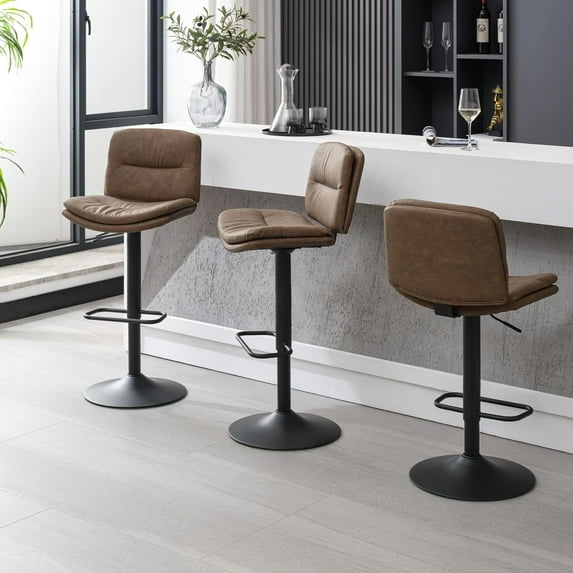 FIRAVOE Bar Stools with Back Sets of 3, Double-Layer Upholstered Adjustable Swivel Bar Stools (24"-32") PU Leather Bar Height Bar Stools Bar Chair for Kitchen Island, Tan