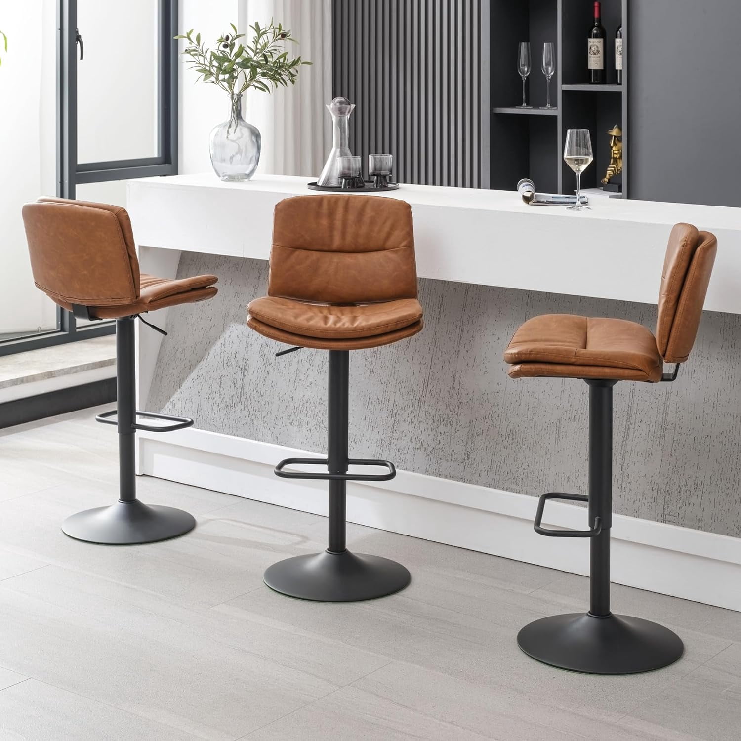 FIRAVOE Swivel Bar Stools Set of 3 (Double-Layer Upholstered) Adjustable Bar Stools (24"-32"), PU Leather Modern Barstools with Back for Bar, Kitchen, Dining Room, Brown