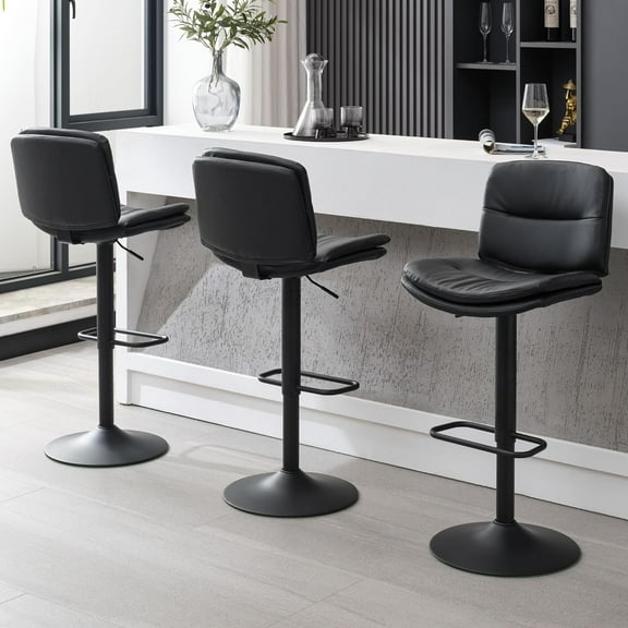 FIRAVOE Bar Stools Set of 3, Adjustable Height Swivel Bar Stools with Back (Double-Layer Upholstered), Modern PU Leather Bar Chair for Bar, Kitchen, Dining Room, Black