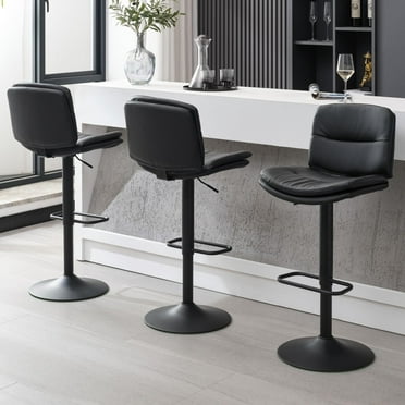 FIRAVOE Swivel Bar Stools Set of 3, Double-Layer Upholstered Counter Height Bar Stools with Back, Adjustable Bar Stool 24"-32", Faux Leather Barstools for Kitchen Island (Black, 3PCS (24"-32"))
