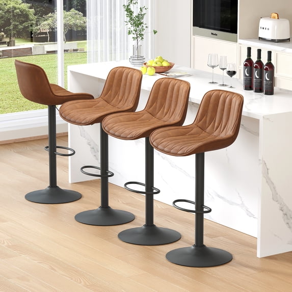 FIRAVOE Swivel Bar Stools Set of 4 (Adjustable Height 25"-33") Counter Height Bar Stools with Back, Modern Faux Leather Barstools for Kitchen Island, Brown
