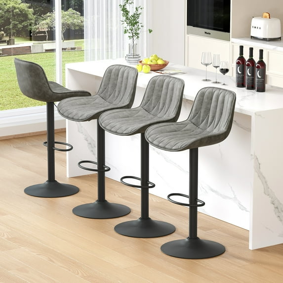 FIRAVOE Swivel Bar Stools Set of 4 (Adjustable Height 25"-33") Counter Height Bar Stools with Back, Modern Faux Leather Barstools for Kitchen Island, Gray