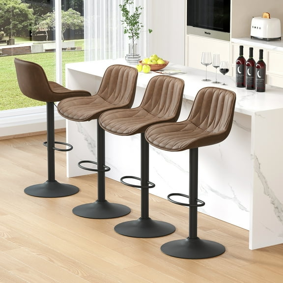 FIRAVOE Swivel Bar Stools Set of 4 (Adjustable Height 25"-33") Counter Height Bar Stools with Back, Modern Faux Leather Barstools for Kitchen Island, Tan