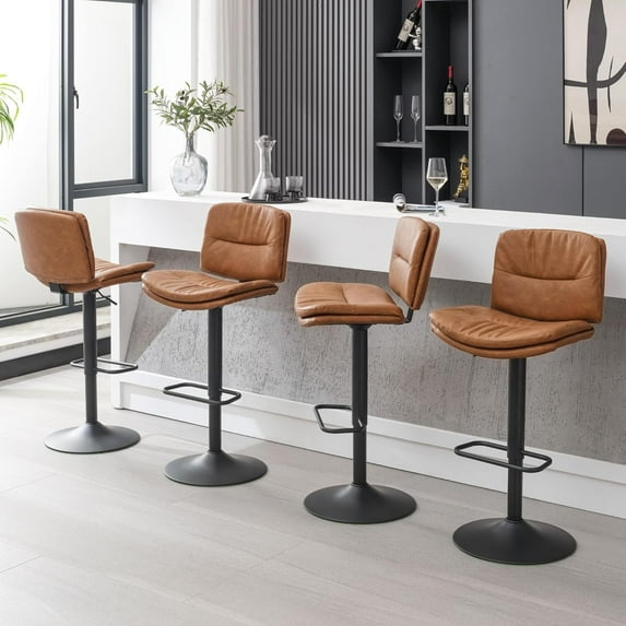FIRAVOE Bar Stools Set of 4, Adjustable Swivel Bar Stools with Back, PU Leather Bar Height Bar Stools Double-Layer Upholstered Barstools Bar Chairs for Kitchen Island, Brown