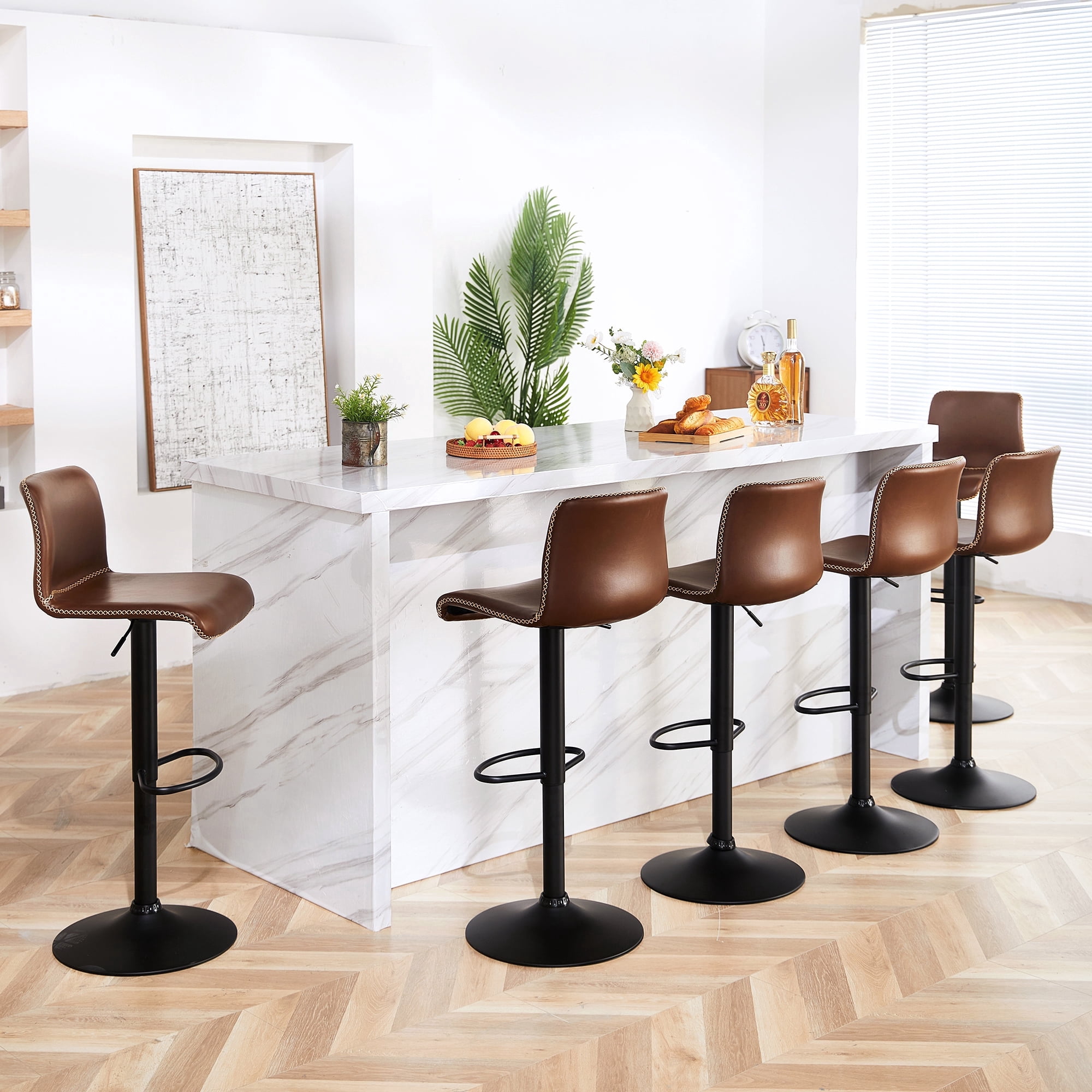 FIRAVOE Bar Stools Set of 6, Swivel Bar Height Bar Stools with Ergonomic Back, Adjustable Barstools 24" to 32", Faux Leather Bar Chairs for Kitchen Island, Brown