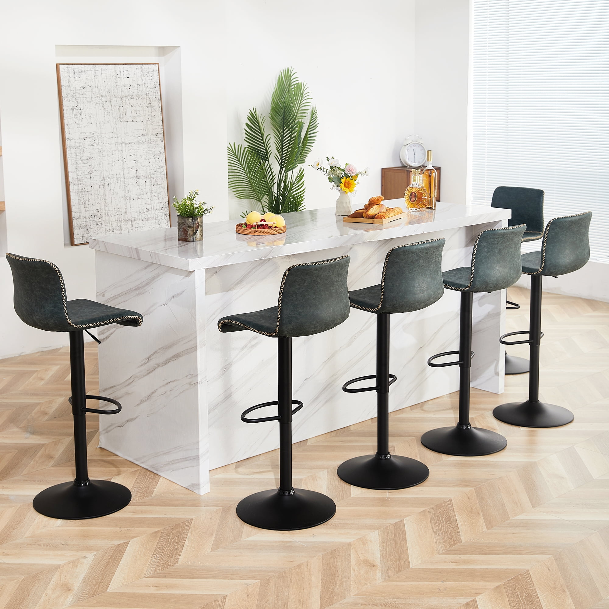 FIRAVOE Bar Stools Set of 6, Swivel Bar Height Bar Stools with Ergonomic Back, Adjustable Barstools 24" to 32", Faux Leather Bar Chairs for Kitchen Island, Green