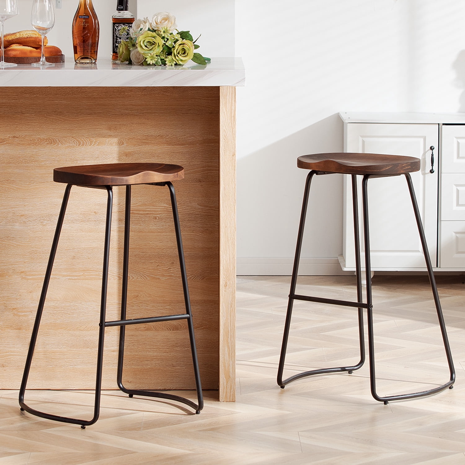 FIRAVOE Bar Height Bar Stools (Saddle Seat Backless) Barstools Set of 2, 30" Rustic Wooden Counter Stools Kitchen Stools