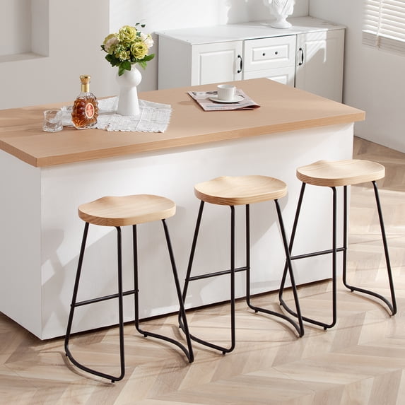 FIRAVOE Barstools Counter Stools Set of 3 (Backless Solid Wood) Counter Height Stools Saddle Bar Stools for Kitchen Island