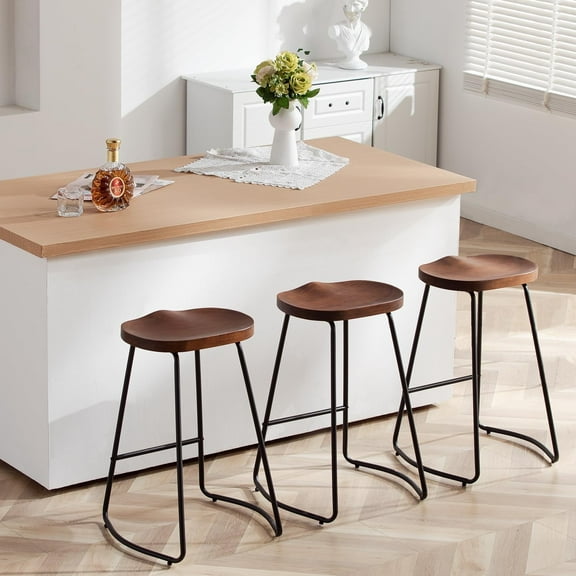 FIRAVOE Wood Saddle Bar Stools Set of 3, 26" Backless Barstool with Footrest for Kitchen Island