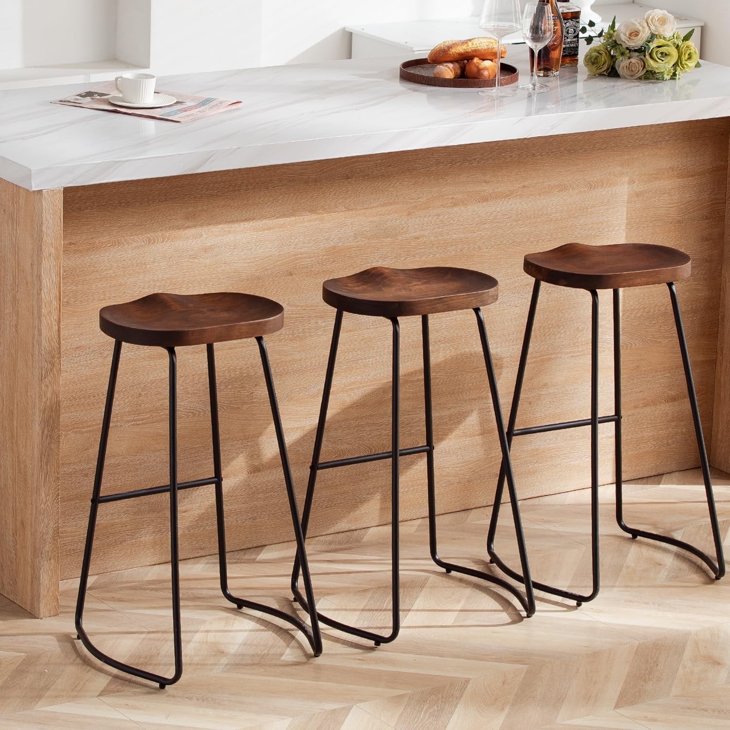 Firavoe Backless Bar Stools Set Of FIRAVOE Solid Wood Saddle Bar