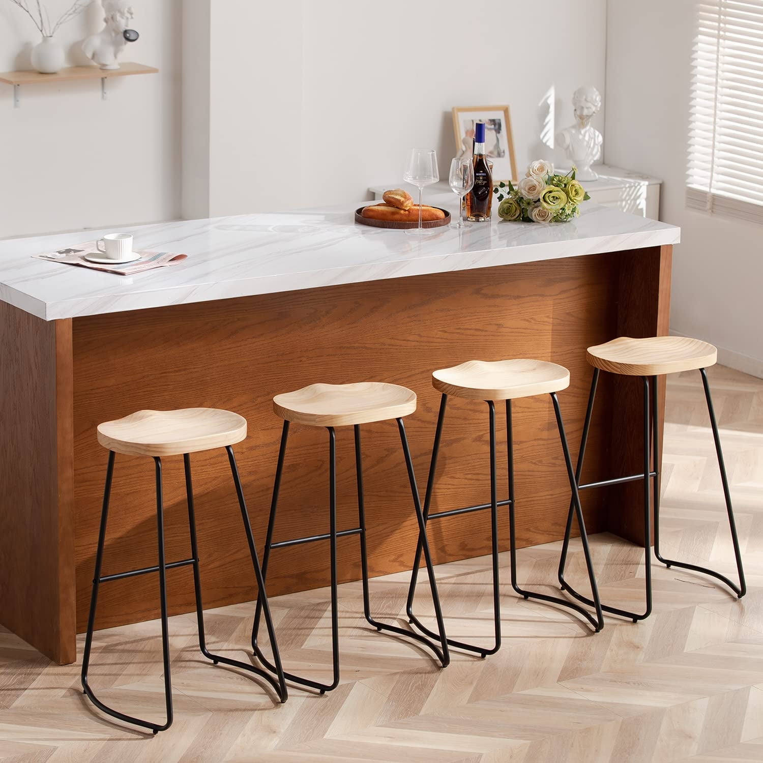 FIRAVOE Wood Saddle Bar Stools Set of 4, 30" Backless Barstool with ...
