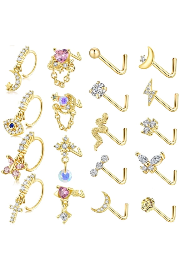 FIRAZIO 18Pcs 20G Dangle Nose Rings for Women Surgical Steel L Shape Nose Stud Rings Cute Flower Butterfly Heart Evil Eye Opal CZ Dangling Nose Piercing Jewelry