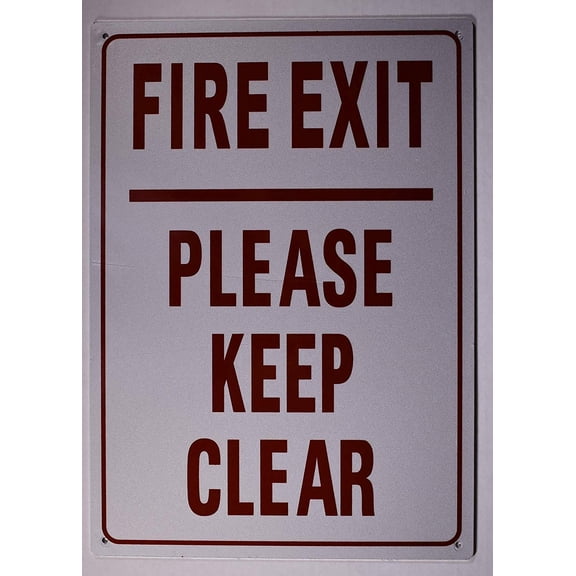 FIRE EXIT Please Keep Clear Sign (Aluminium Reflective, White 10x14)