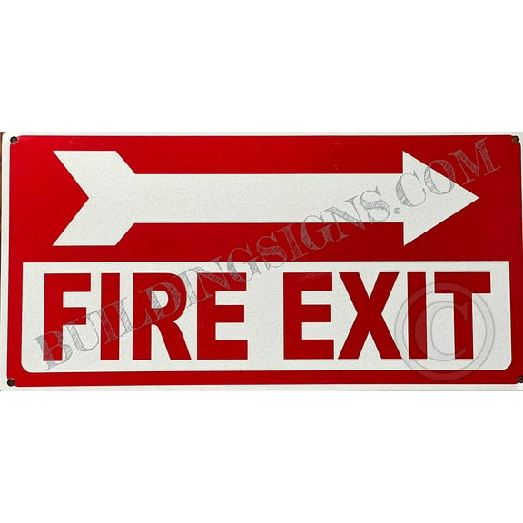 FIRE EXIT Right Arrow Sign (Reflective !!!, Rust Free-Aluminum, White, 6X12 INCH) (ref-2201)