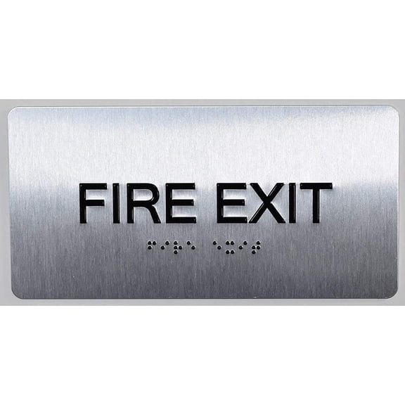 FIRE EXIT Sign Silver-Tactile Touch Braille Sign (Aluminium !!, Brush Silver,Size 4x8)- The Sensation line(ref-2022-4)