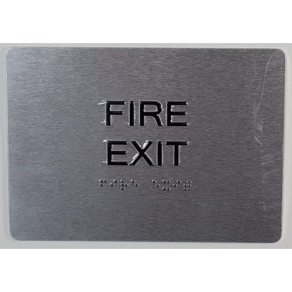 FIRE EXIT Sign with Tactile Text and Braille Sign -(Aluminium, Brush Silver,Size 5X7) The Sensation line(ref-2022-4)