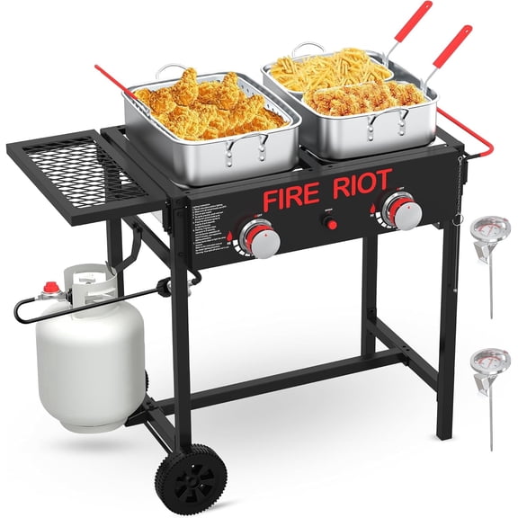 FIRE RIOT Double Burner Outdoor Propane Deep Fryer, 218QT Aluminum Pots with Baskets, 100,000 BTU Commercial Fish Fryer for Seafood, Chicken Wings, French Fries, Cajun Cooking