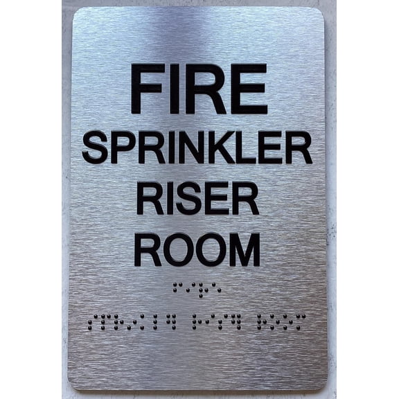 FIRE SPRINKLER RISER ROOM SIGN WITH RAISED LETTERS/IMAGE & GRADE 2 BRAILLE - INCLUDES RED ADHESIVE PAD FOR EASY INSTALLATION (6" W X 9" H,BRUSHED ALUMINUM/SILVER, TACTICLE SIGN) - THE PARK AVE LINE