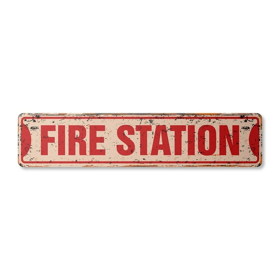 FIRE STATION Vintage Plastic Street Sign firefighter house fireman trucks cook | Indoor/Outdoor |  24" Wide