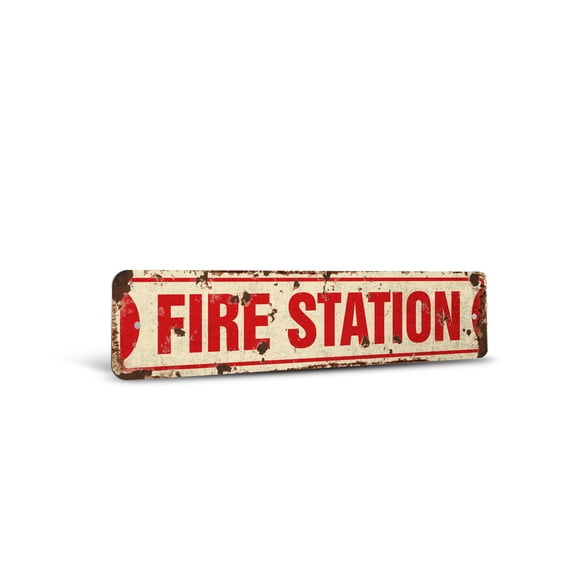 FIRE STATION Vintage Style Rustic Street Sign – Firefighter House Fireman Trucks Cook Retro Decorative Wall Sign for Home, Bar, Garage, or Outdoor Use | 4" X 18" Aluminum Metal Road