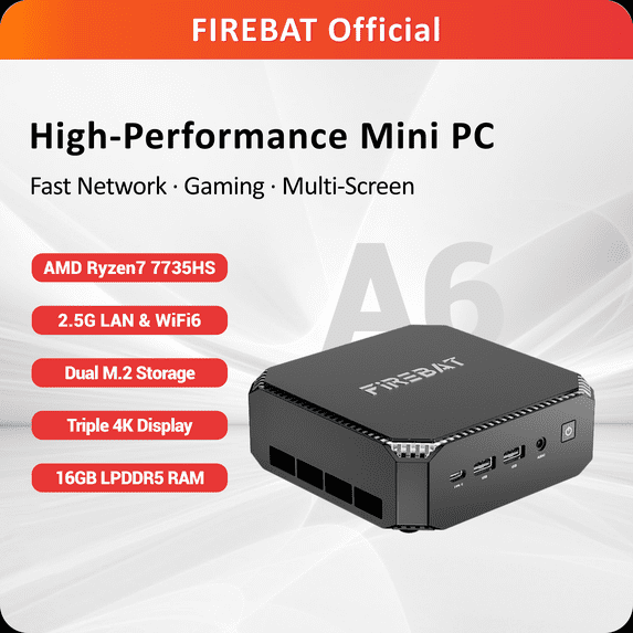 FIREBAT A6 Slim Mini PC, AMD Ryzen7 7735HS, 16GB, 512GB SSD, Black