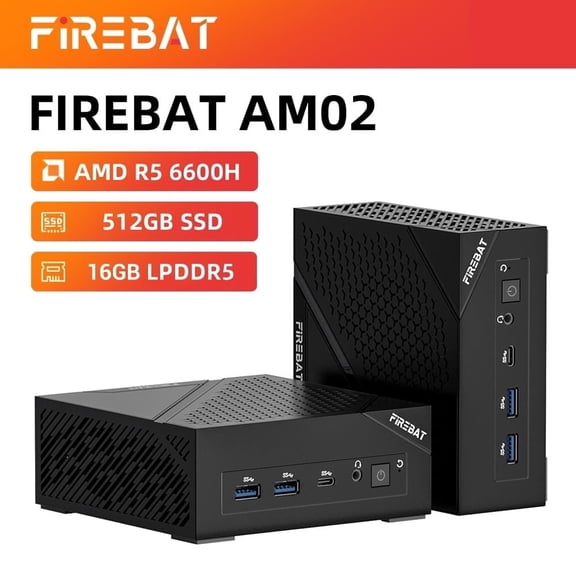 FIREBAT AM02 Slim Mini PC, AMD Ryzen5 6600H, 16GB, 512GB SSD, Black