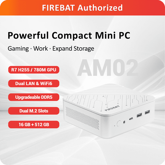 FIREBAT AM02 Mini PC, AMD Ryzen7 H 255, 16GB, 512GB SSD, White
