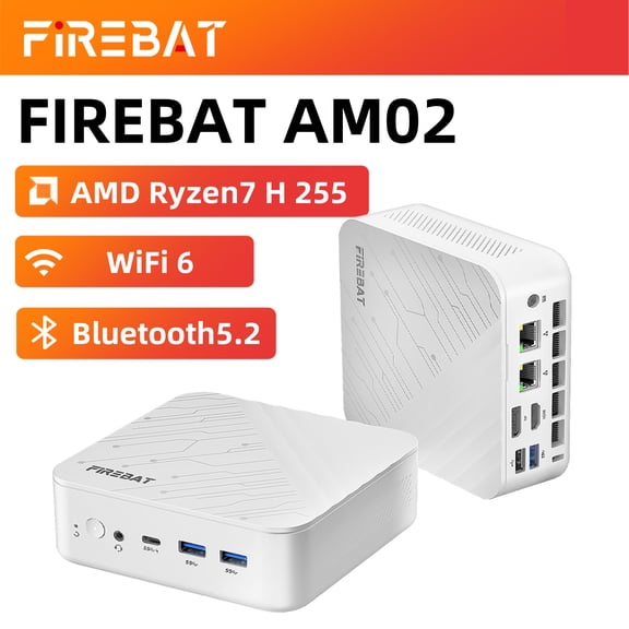 FIREBAT AM02 Mini PC, AMD Ryzen 7 H 255, 0GB, 0GB SSD, White