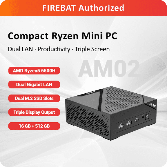 FIREBAT AM02 Slim Mini PC, AMD Ryzen5 6600H, 16GB, 512GB SSD, Black
