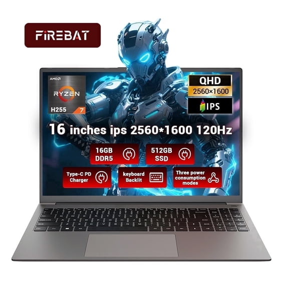 FIREBAT U6B 16 Inch Thin 2-in-1 Laptop, AMD Ryzen7 H 255, 16GB DDR5, 512GB SSD, Gray