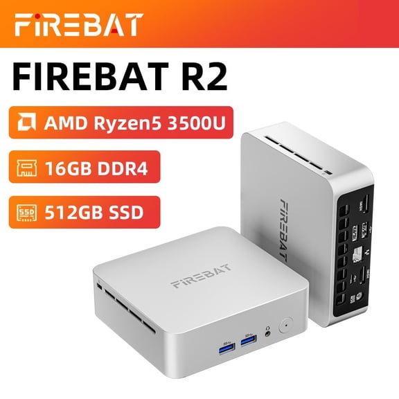 FIREBAT R2 Mini PC AMD Ryzen5 3500U 16GB DDR4 512GB SSD Windows 11 WiFi 5 2-Screen 4K