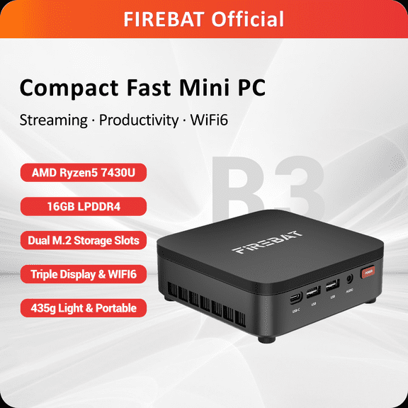 FIREBAT R3 Mini PC, AMD Ryzen5 7430U, 16GB, 512GB SSD, Black
