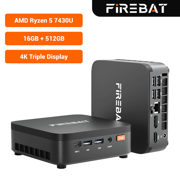 FIREBAT R3 Mini PC, AMD Ryzen5 7430U, 16GB, 512GB SSD, Black