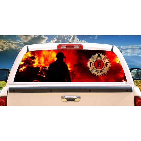 FIREFIGHTER 2 Rear Window Graphic fire man truck view thru vinyl