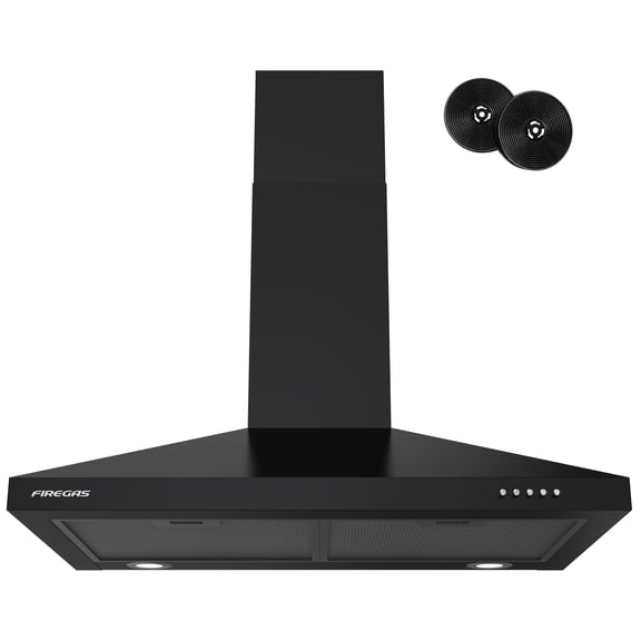 FIREGAS Black Range Hood 30 inch, Wall Mount Stove Vent Hood Fan for Kitchen, 380 CFM, LED Lights, 3 Speed Exhaust Fan