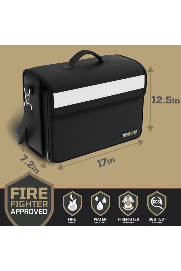 FIRESHIELD PRO 5200  F Fireproof Document Bag  Portable Water Resistant Briefcase /w Shoulder Strap, Tablet & Card Organizer  Multi-Pocket Storage for Travel, Home or Office  17" x 12.5" x 7.2"