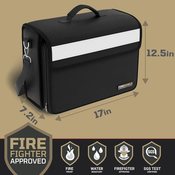 FIRESHIELD PRO 5200 F Fireproof Document Bag Portable Water Resistant Briefcase /w Shoulder Strap, Tablet & Card Organizer Multi-Pocket Storage for Travel, Home or Office 17" x 12.5" x 7.2"